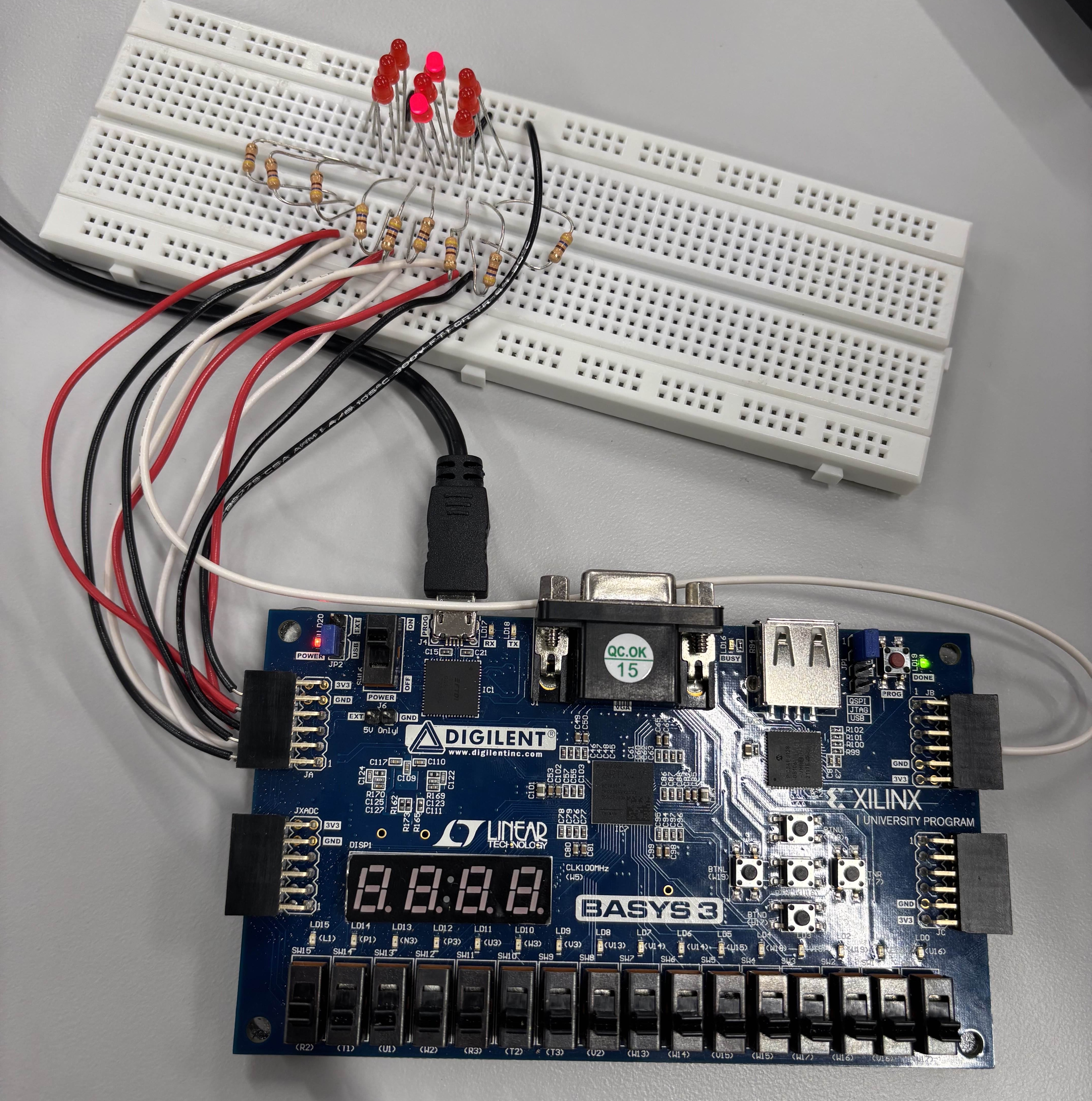 Breadboard with 9 LEDs and 9 resistors connected to a Basys 3 board